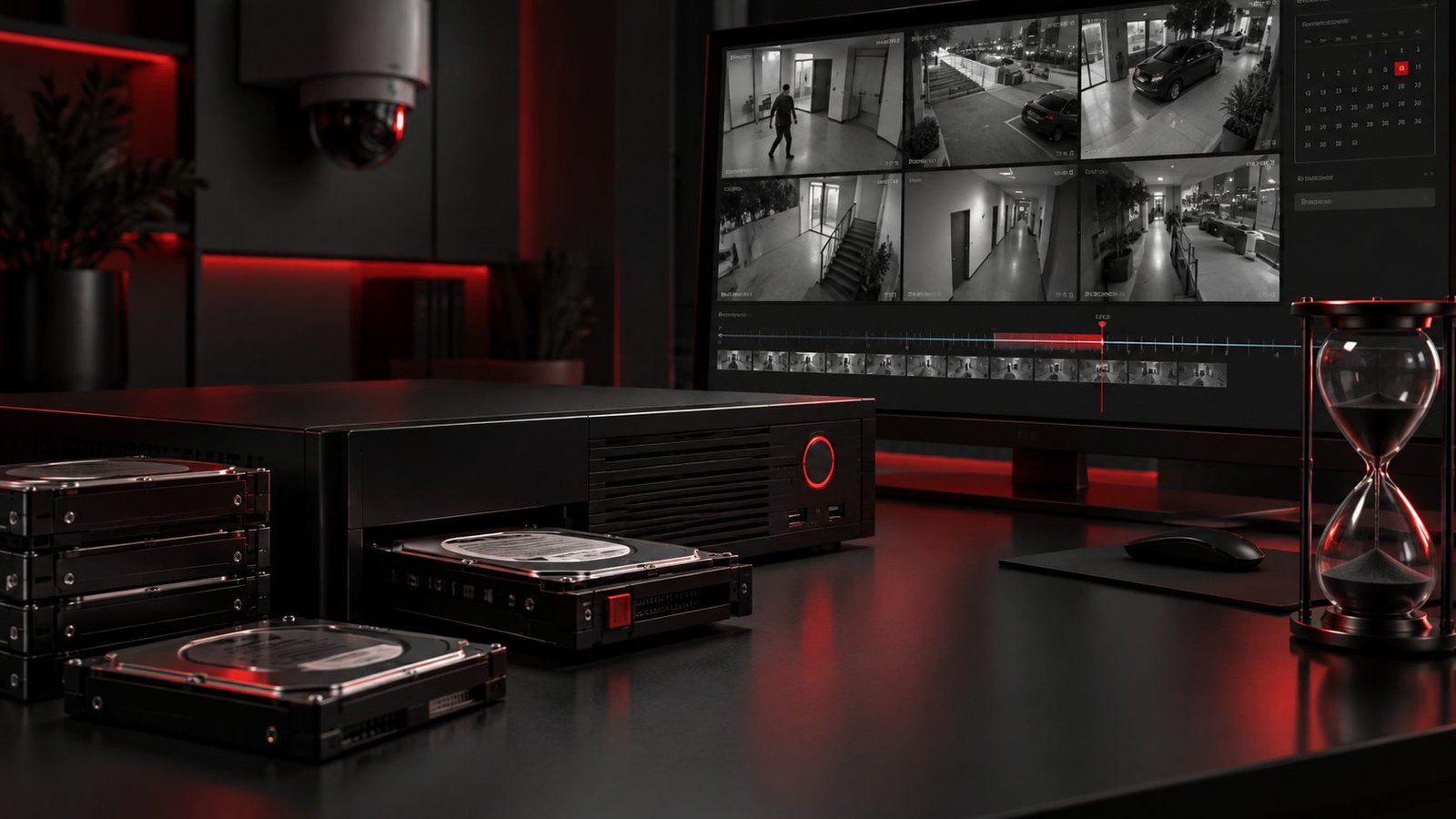 DVR com vários HDs e monitor exibindo a linha do tempo das gravações das câmeras de segurança
