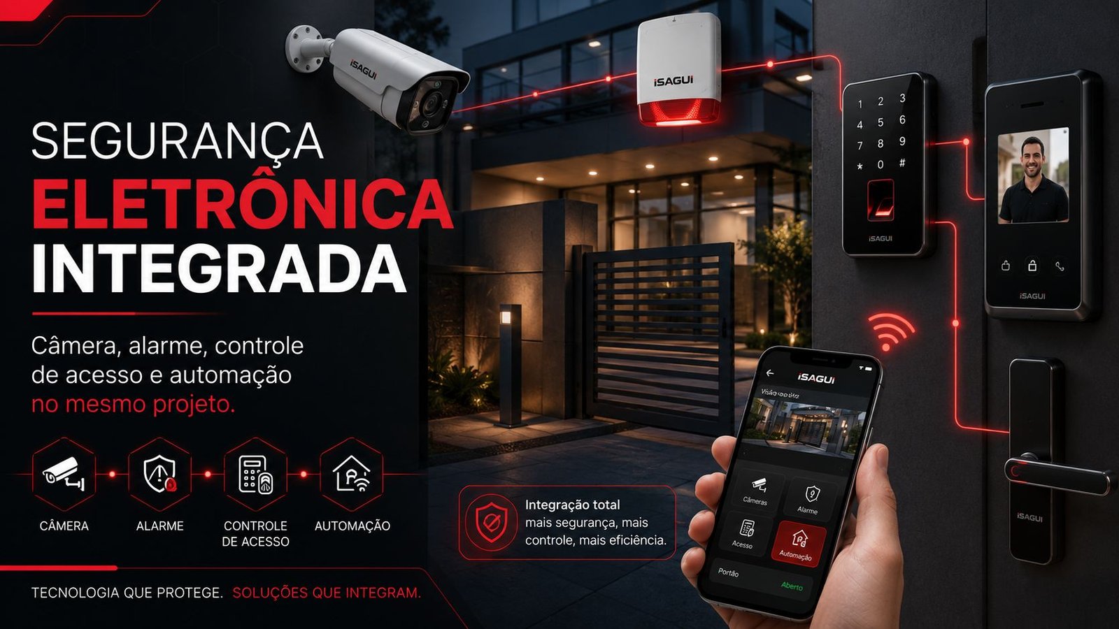 Segurança eletrônica integrada — câmeras, alarme e controle de acesso