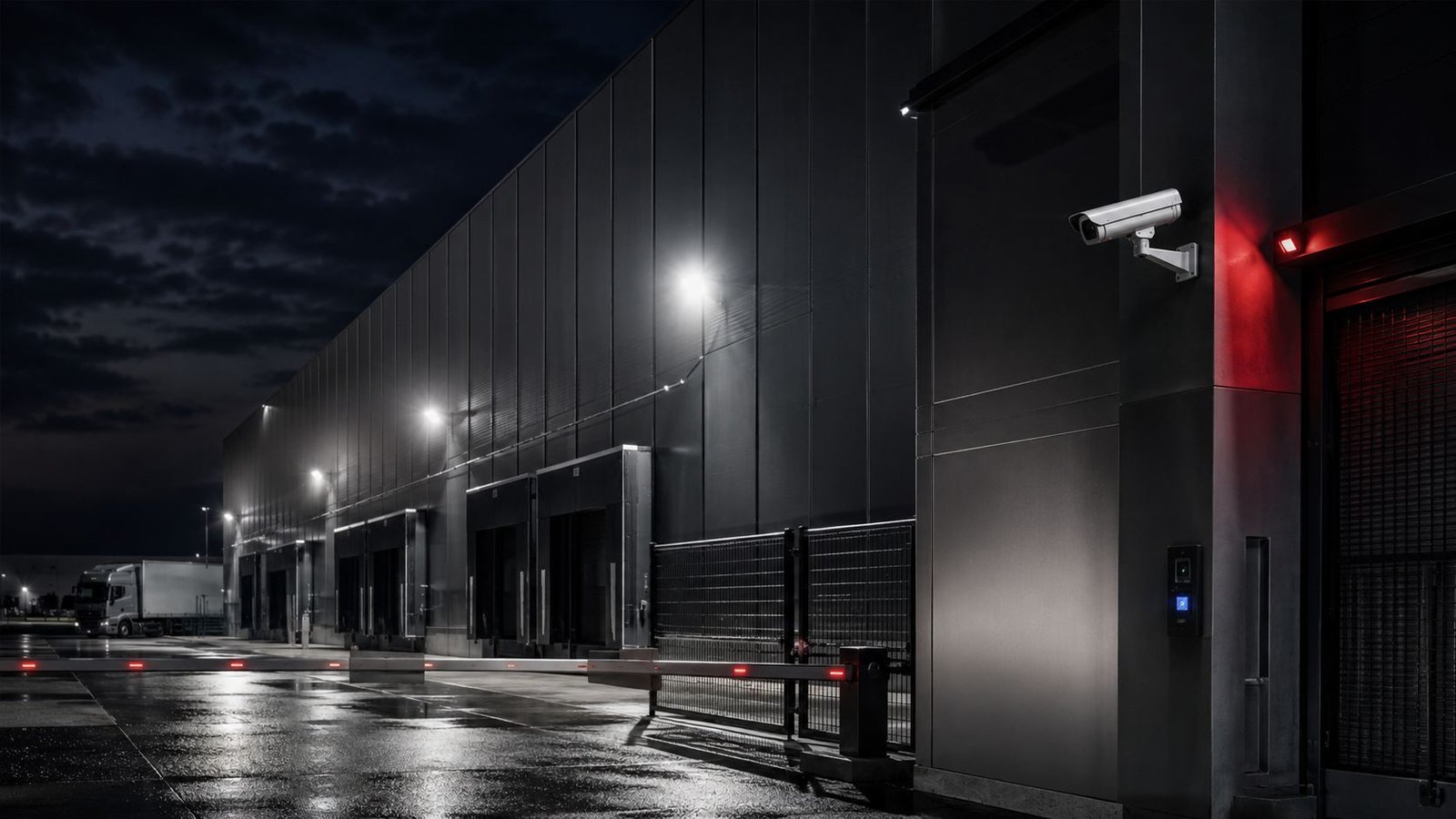 Câmera CFTV instalada em galpão industrial noturno