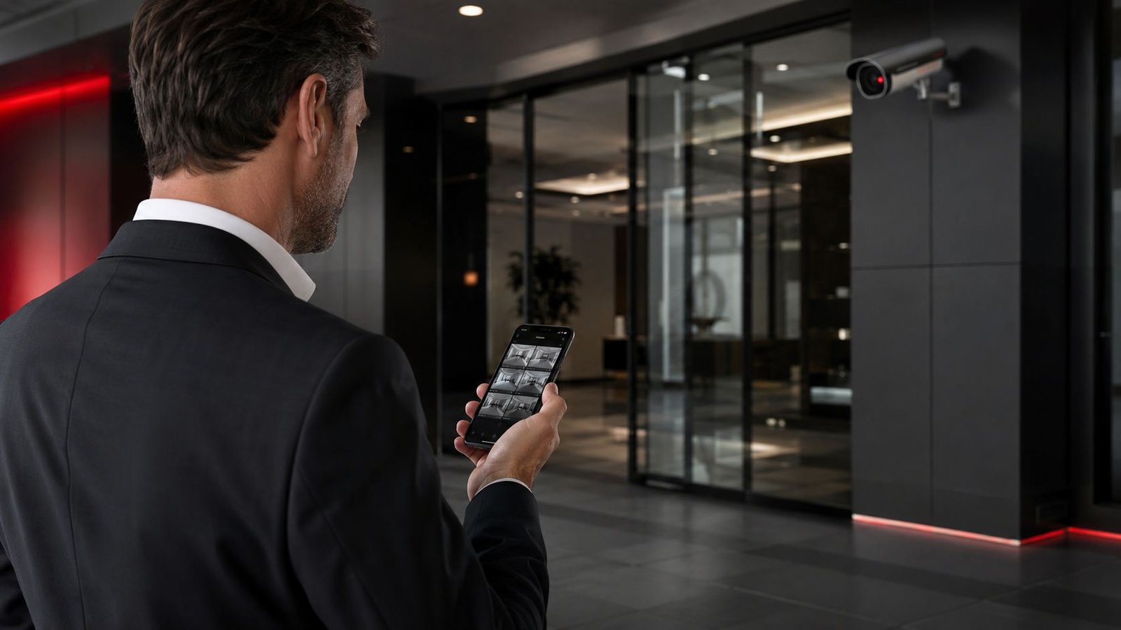 Executivo acessando câmeras pelo celular em ambiente corporativo